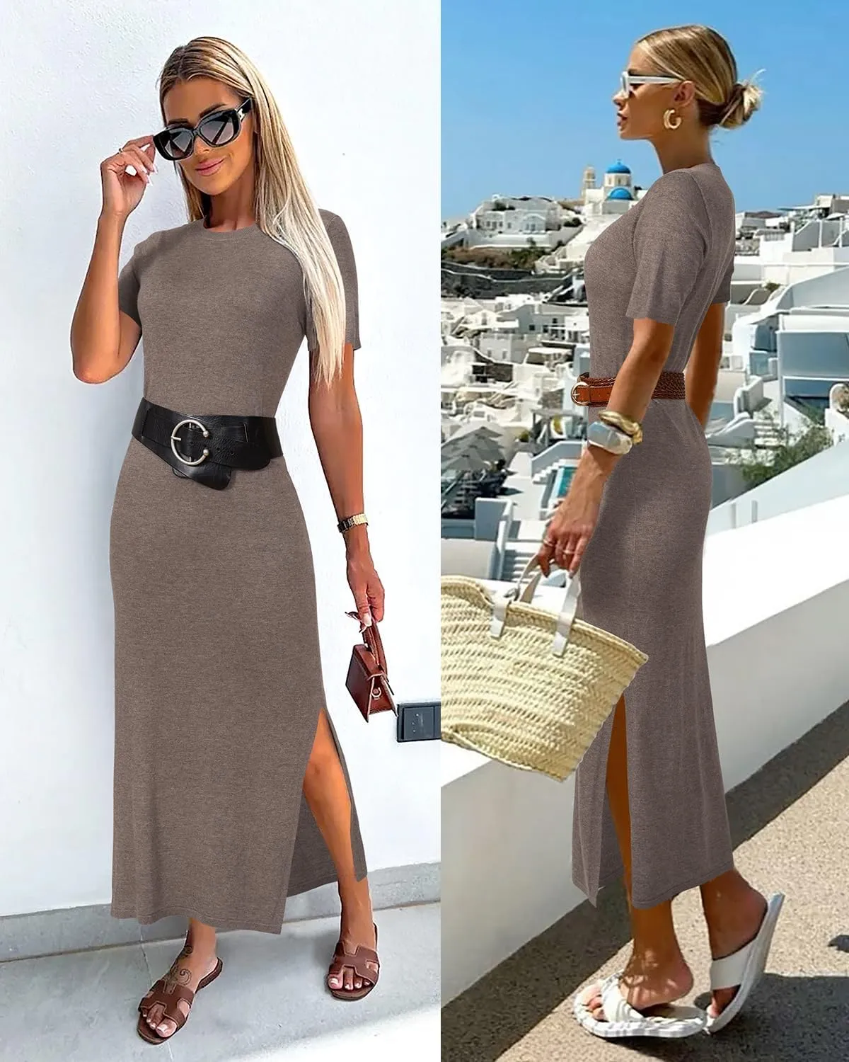 Arach&Cloz Women's Wool Blend Lightweight Summer Casual T Shirts Maxi Dress 2025