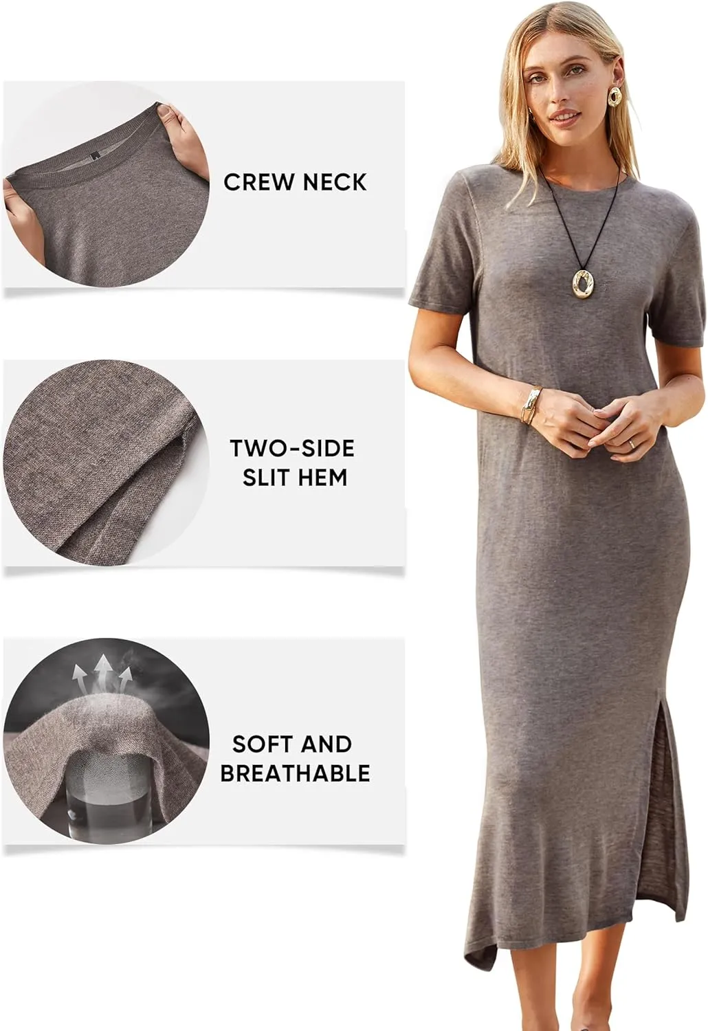 Arach&Cloz Women's Wool Blend Lightweight Summer Casual T Shirts Maxi Dress 2025