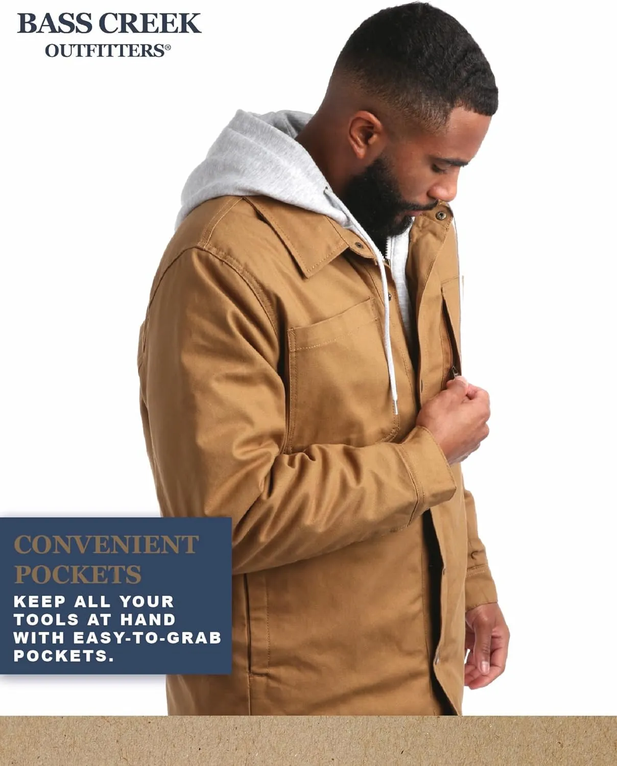 Bass Creek Outfitters Mens Duck Canvas Shirt Jacket - Insulated Workwear with Attached Fleece Zip Front and Hood (M-XXL)