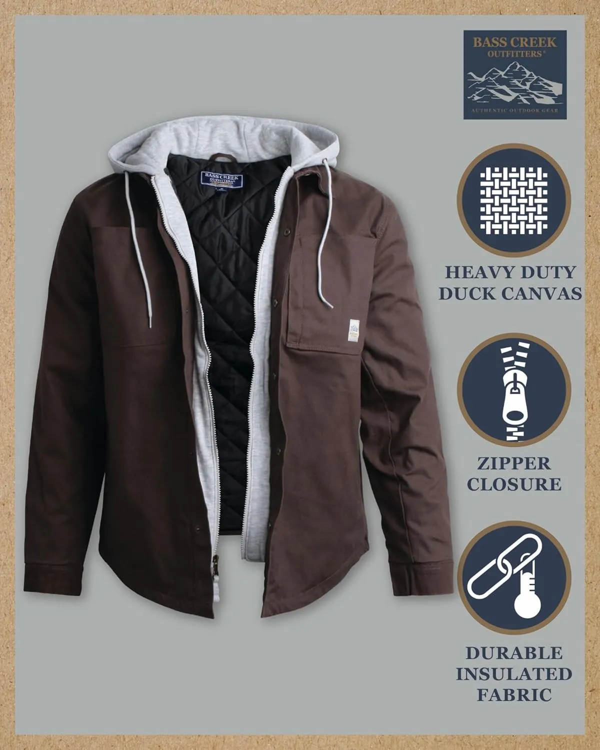 Bass Creek Outfitters Mens Duck Canvas Shirt Jacket - Insulated Workwear with Attached Fleece Zip Front and Hood (M-XXL)