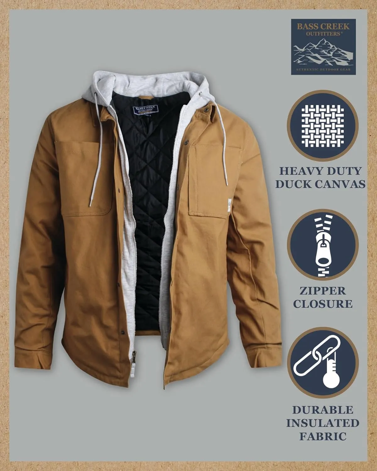 Bass Creek Outfitters Mens Duck Canvas Shirt Jacket - Insulated Workwear with Attached Fleece Zip Front and Hood (M-XXL)