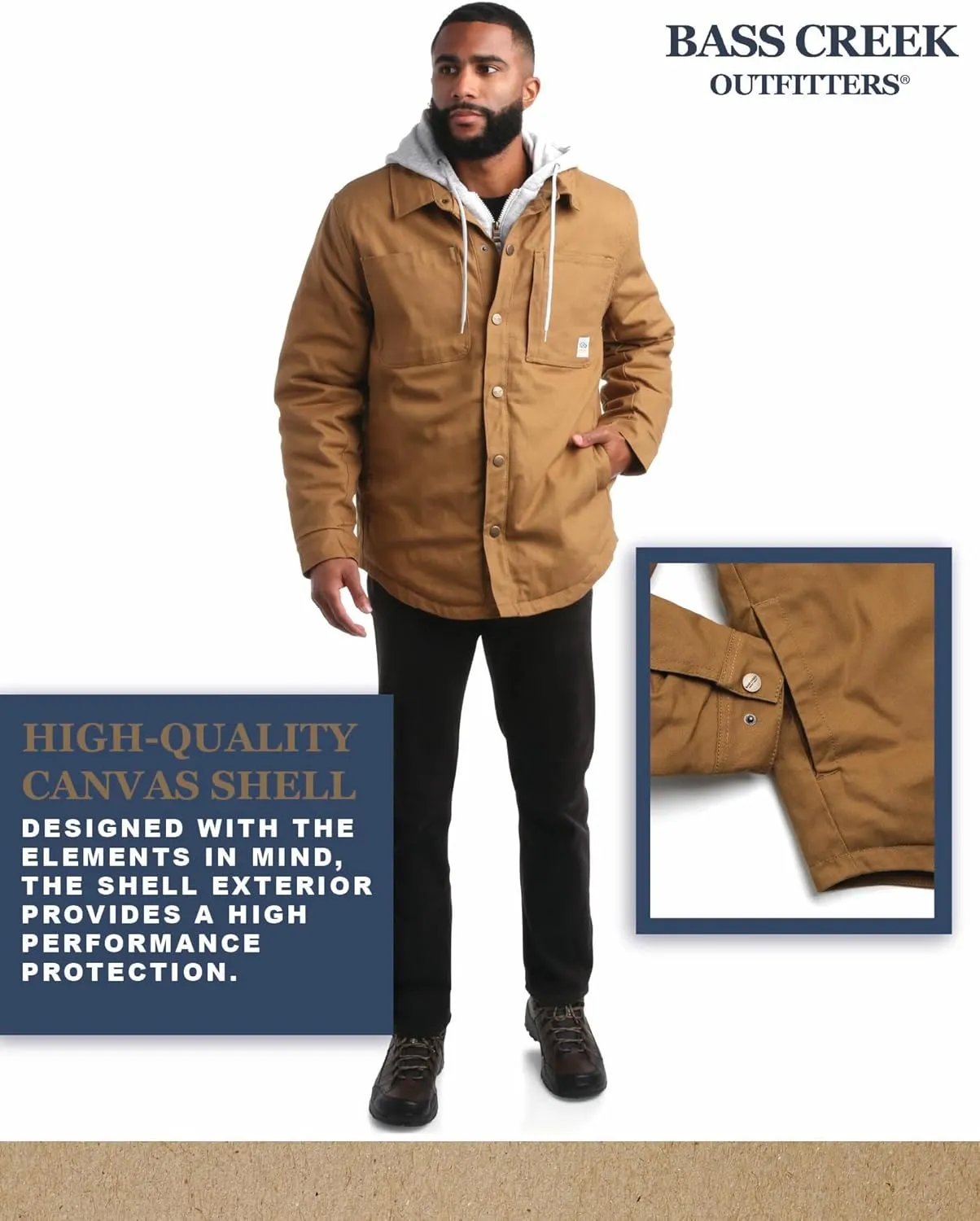 Bass Creek Outfitters Mens Duck Canvas Shirt Jacket - Insulated Workwear with Attached Fleece Zip Front and Hood (M-XXL)