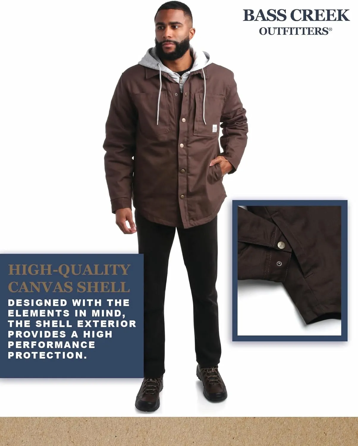 Bass Creek Outfitters Mens Duck Canvas Shirt Jacket - Insulated Workwear with Attached Fleece Zip Front and Hood (M-XXL)