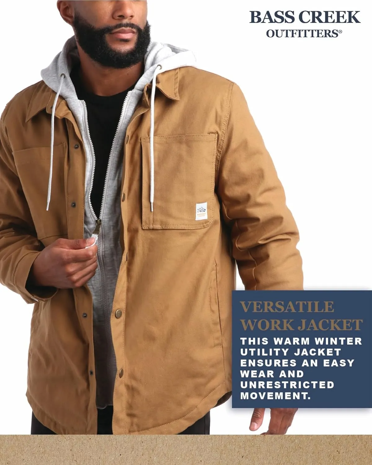 Bass Creek Outfitters Mens Duck Canvas Shirt Jacket - Insulated Workwear with Attached Fleece Zip Front and Hood (M-XXL)