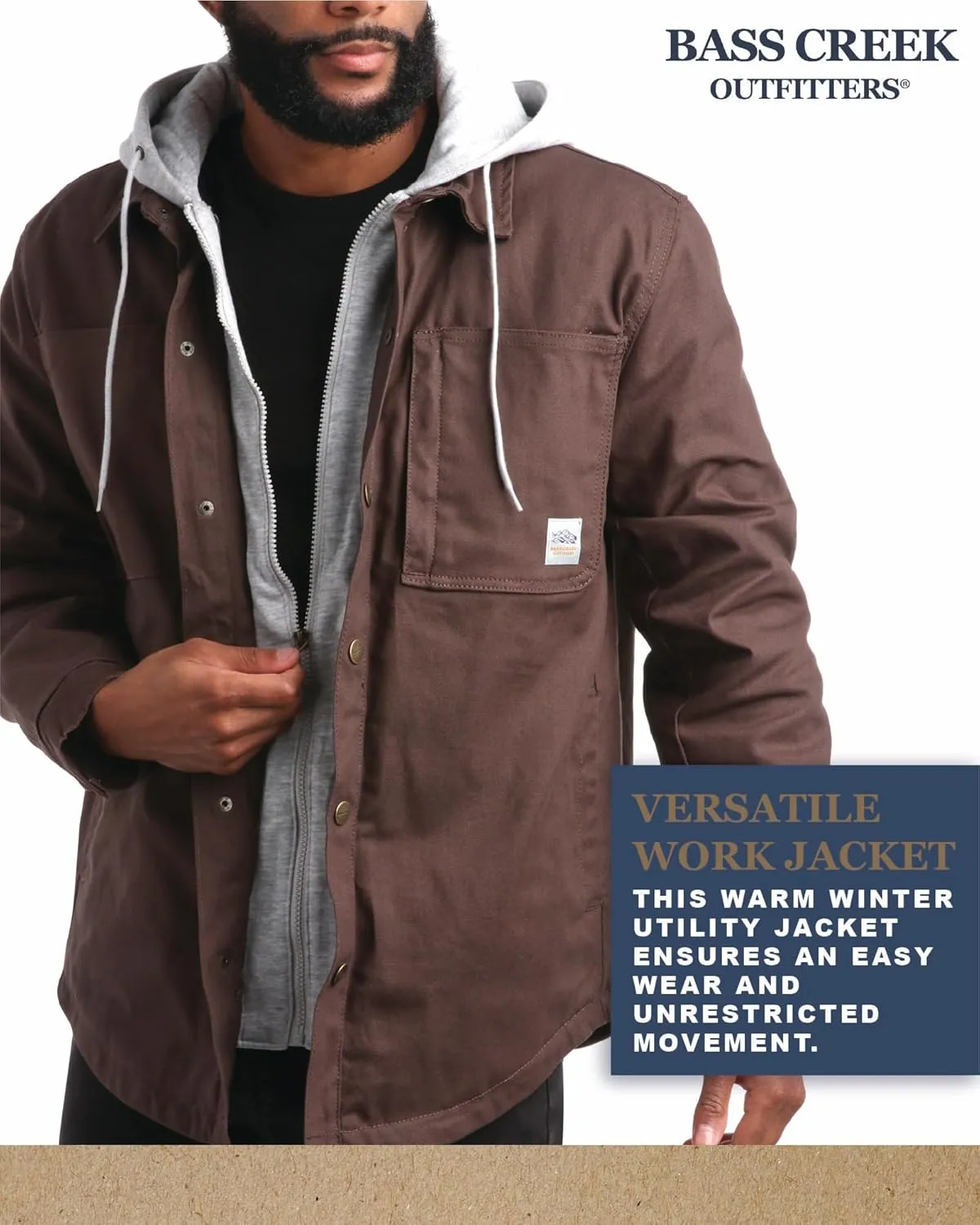 Bass Creek Outfitters Mens Duck Canvas Shirt Jacket - Insulated Workwear with Attached Fleece Zip Front and Hood (M-XXL)