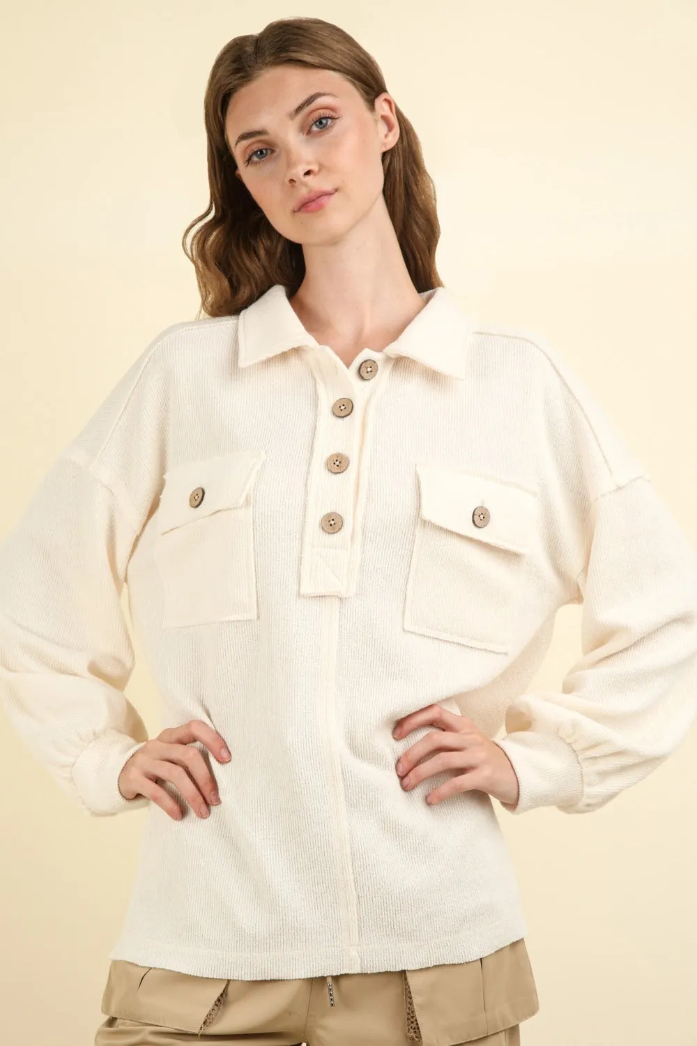 Collared Half Button Knit Top with Pockets