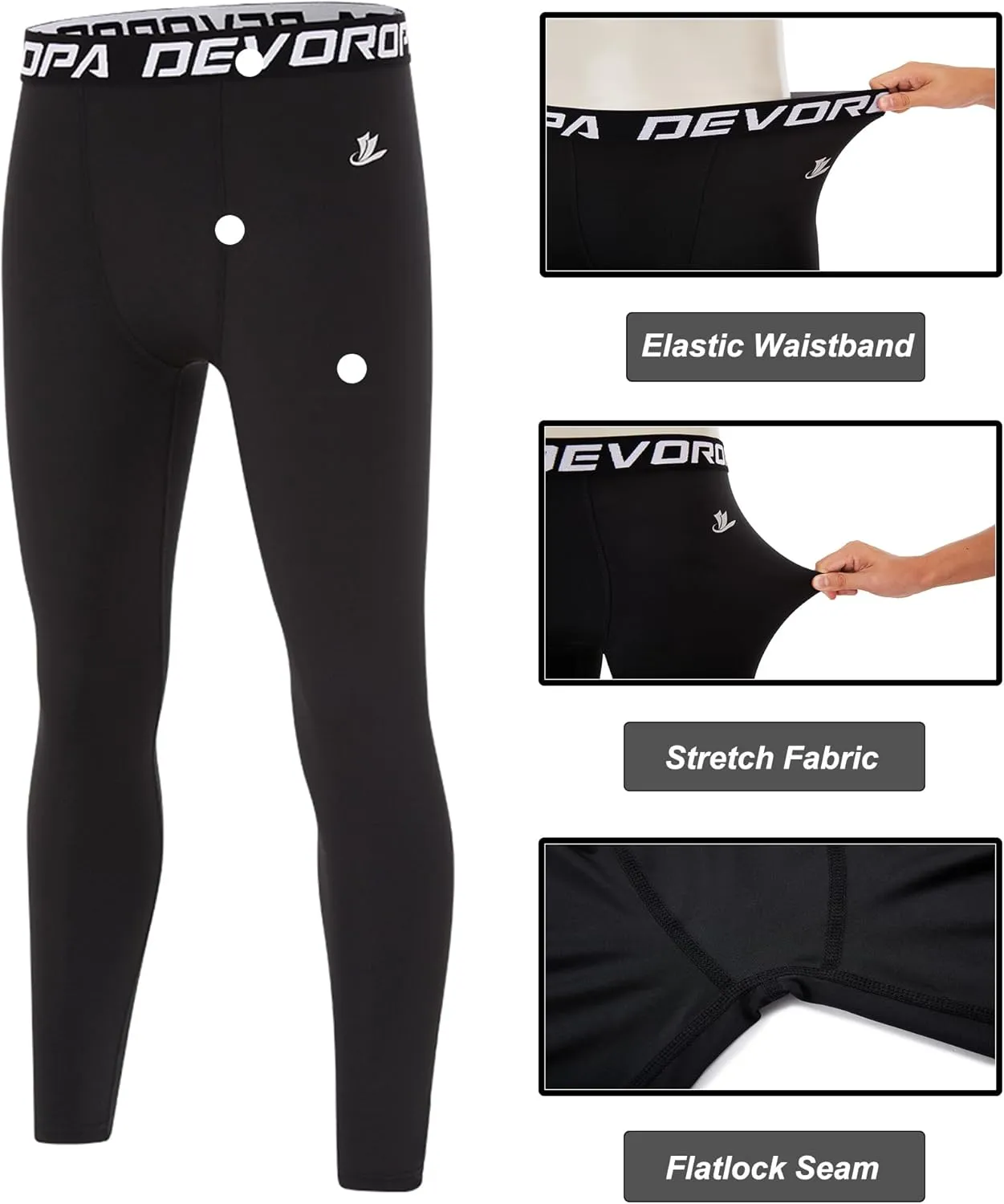 DEVOROPA Boys Leggings Quick Dry Youth Compression Pants Sports Tights Basketball Base Layer Husky/Slim/Regular/Boys