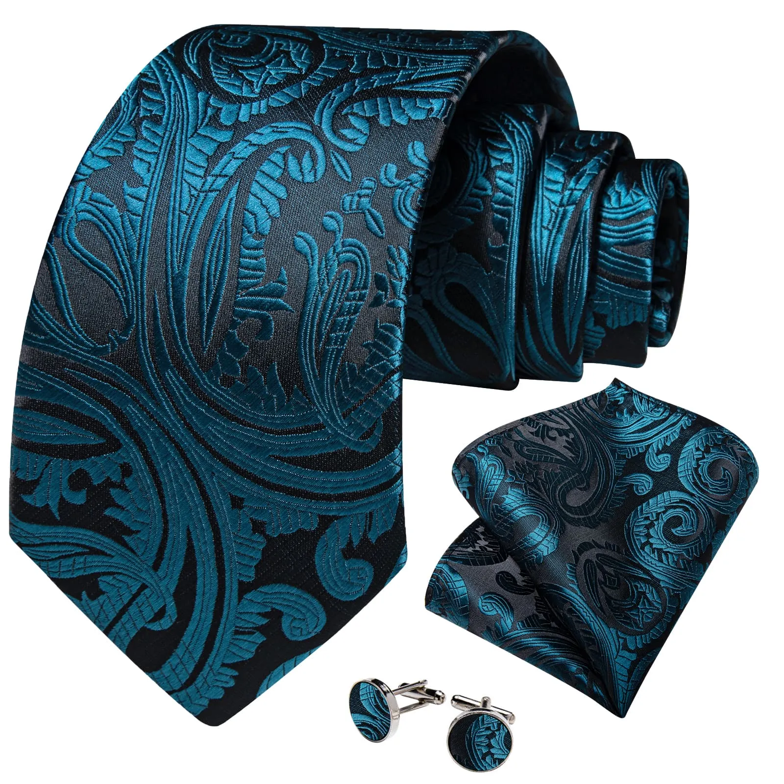 DiBanGu Dress Tie Deep Teal Paisley Men's Silk Tie Handkerchief Cufflinks Set