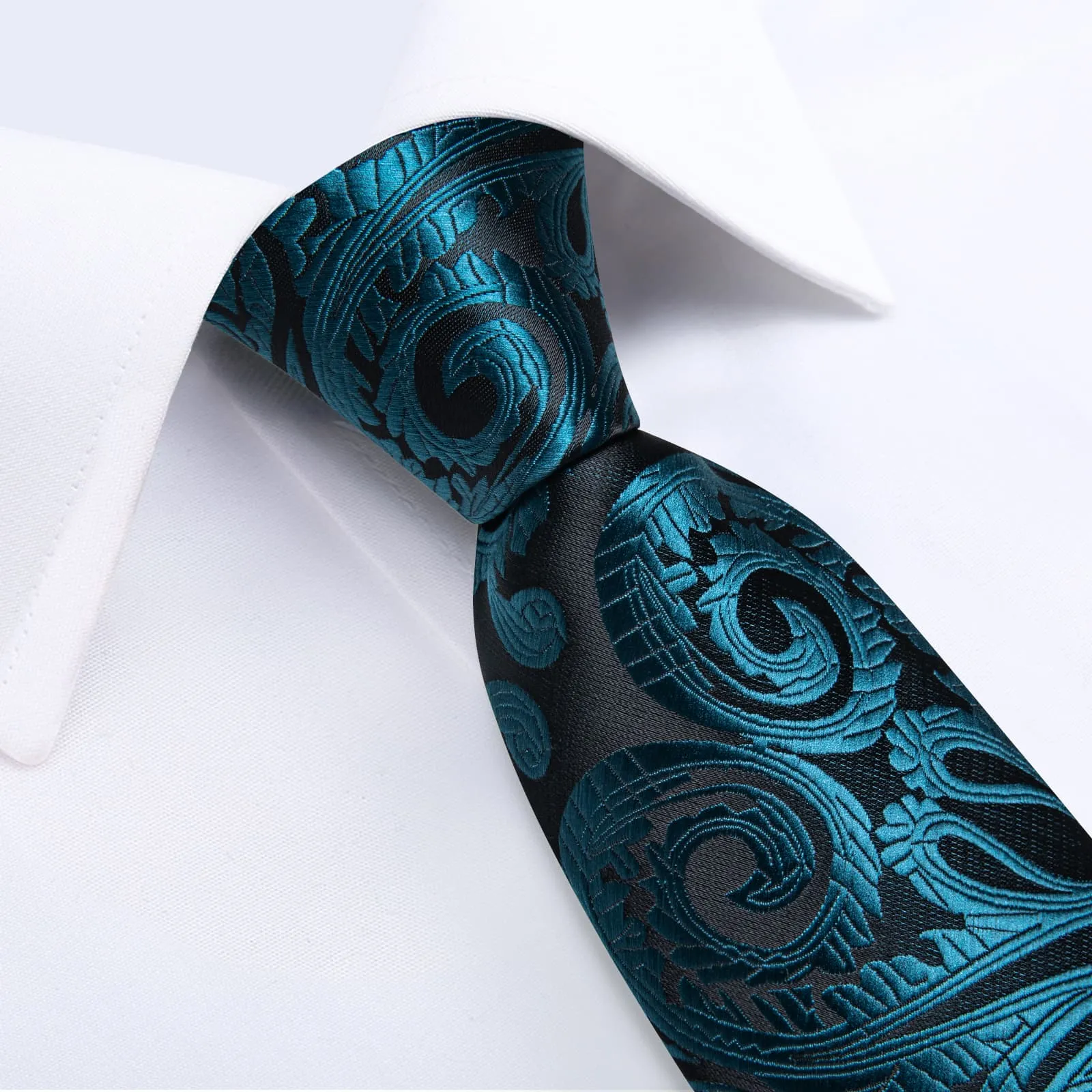 DiBanGu Dress Tie Deep Teal Paisley Men's Silk Tie Handkerchief Cufflinks Set