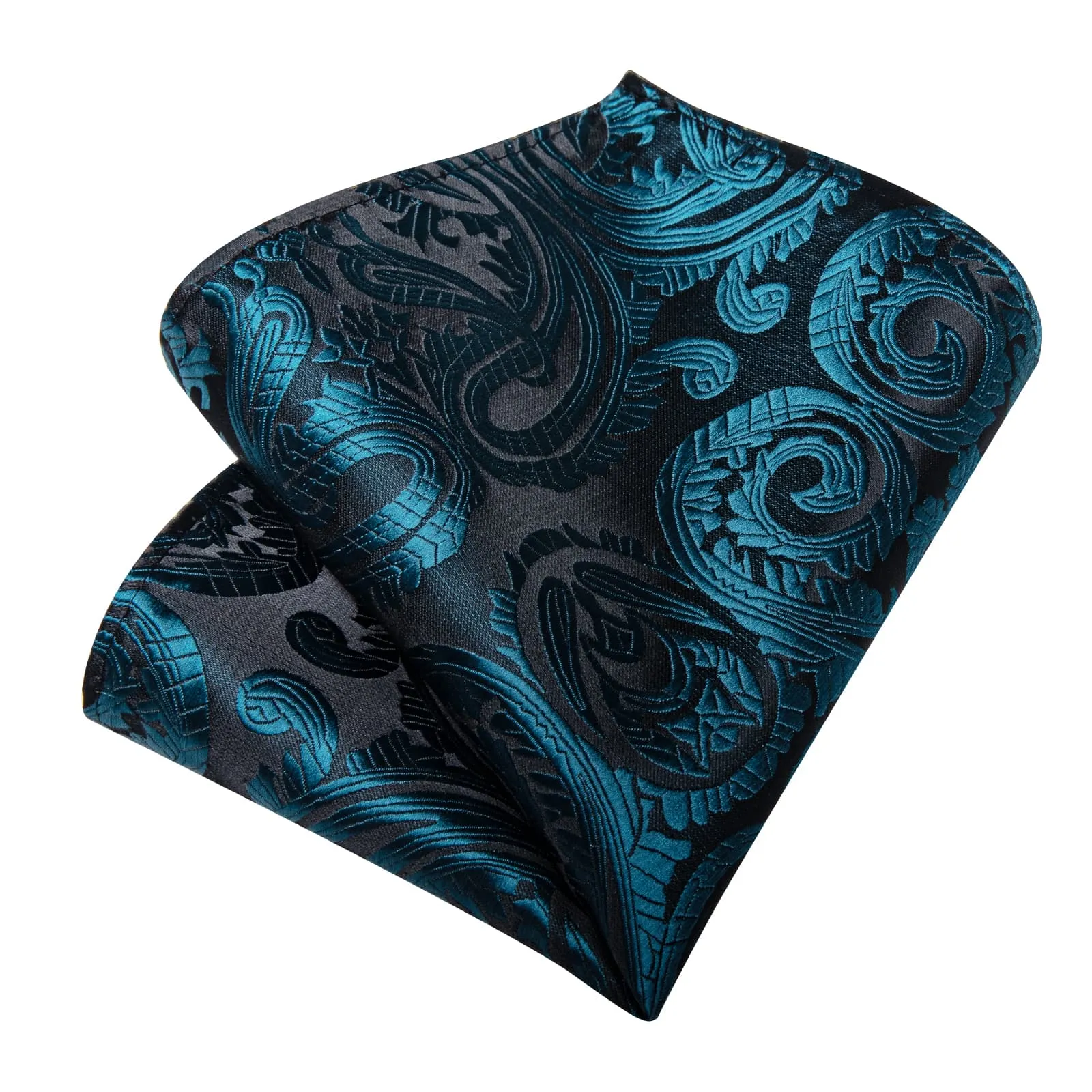 DiBanGu Dress Tie Deep Teal Paisley Men's Silk Tie Handkerchief Cufflinks Set