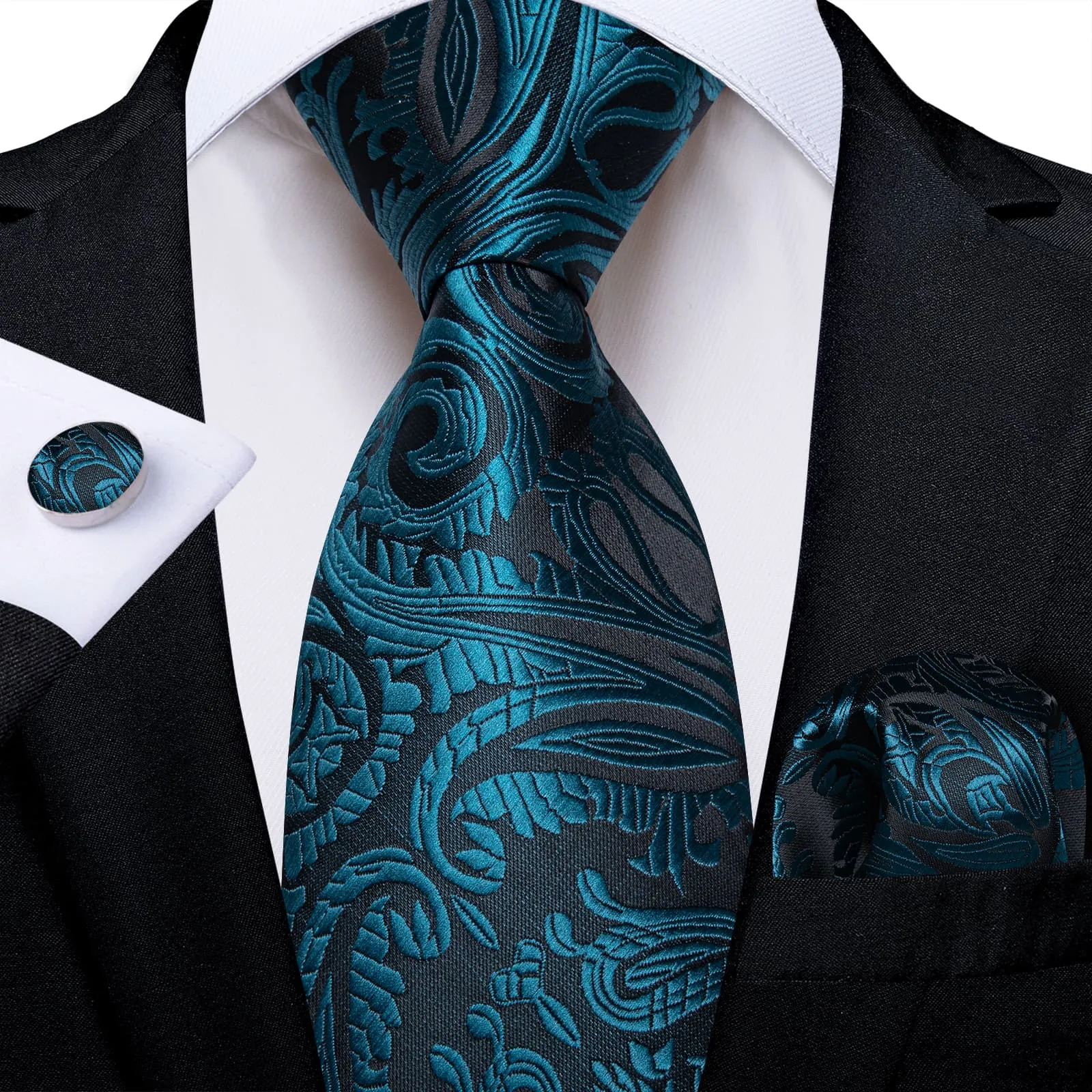 DiBanGu Dress Tie Deep Teal Paisley Men's Silk Tie Handkerchief Cufflinks Set