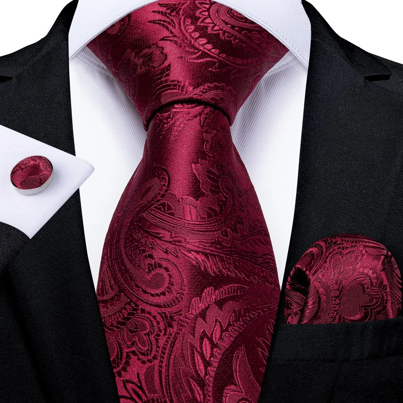 DiBanGu Silk Tie Burgundy Red Paisley Lazy Easy-pull Mens Dress Tie Hanky Cufflinks Set