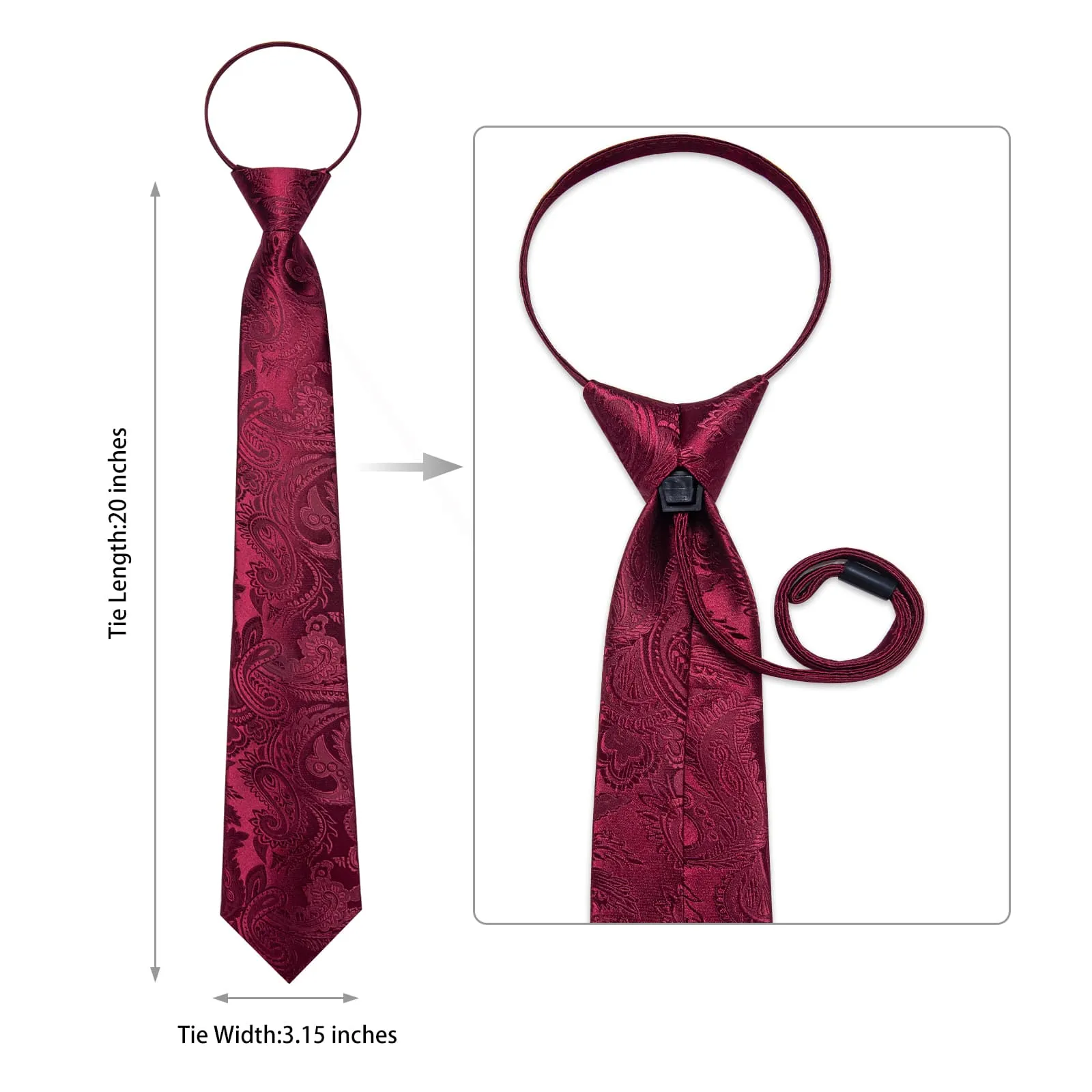 DiBanGu Silk Tie Burgundy Red Paisley Lazy Easy-pull Mens Dress Tie Hanky Cufflinks Set