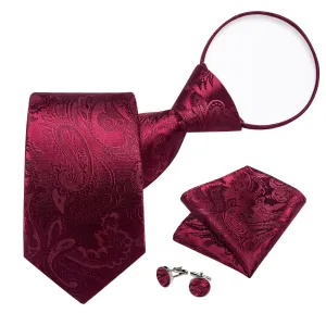 DiBanGu Silk Tie Burgundy Red Paisley Lazy Easy-pull Mens Dress Tie Hanky Cufflinks Set