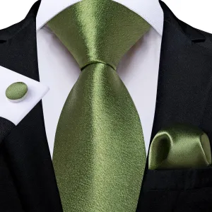 DiBanGu Silk Tie Shining Sage Green Solid Mens Formal Work Dresses Tie Handkerchief Cufflinks Set