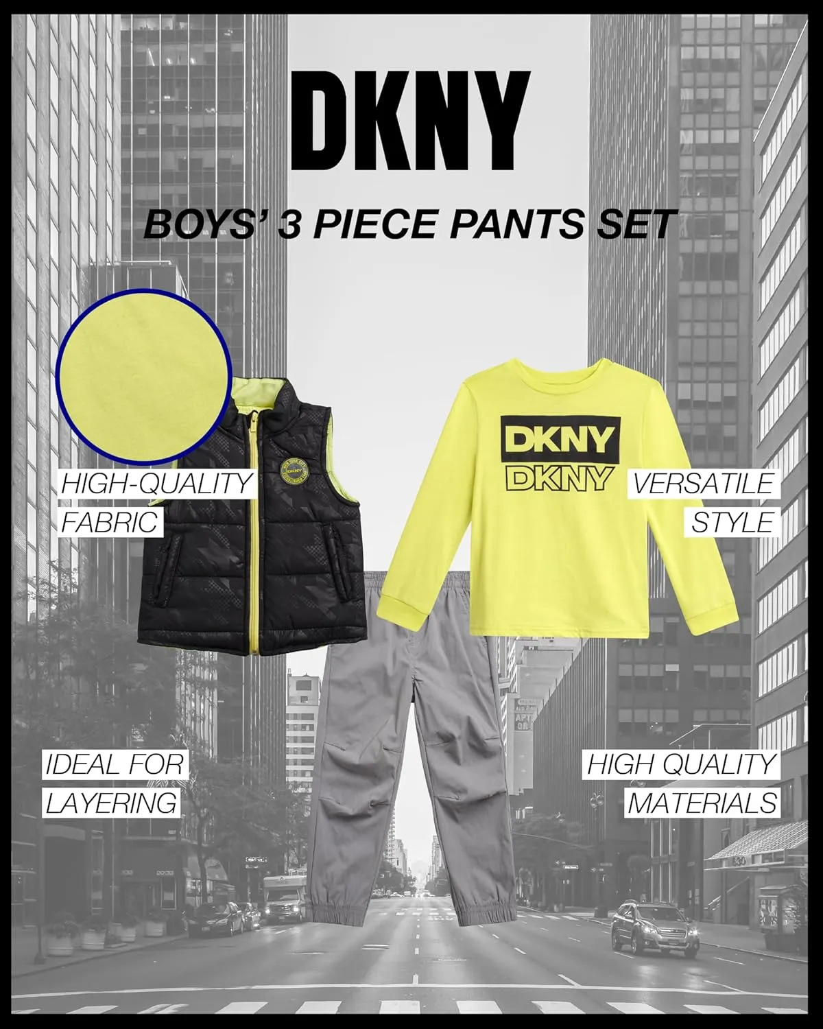 DKNY Baby Boys' Pants Set - 3 Piece Insulated Puffer Vest, Long Sleeve Shirts and Pants for Boys (Infant Sizes: 12M-4T)