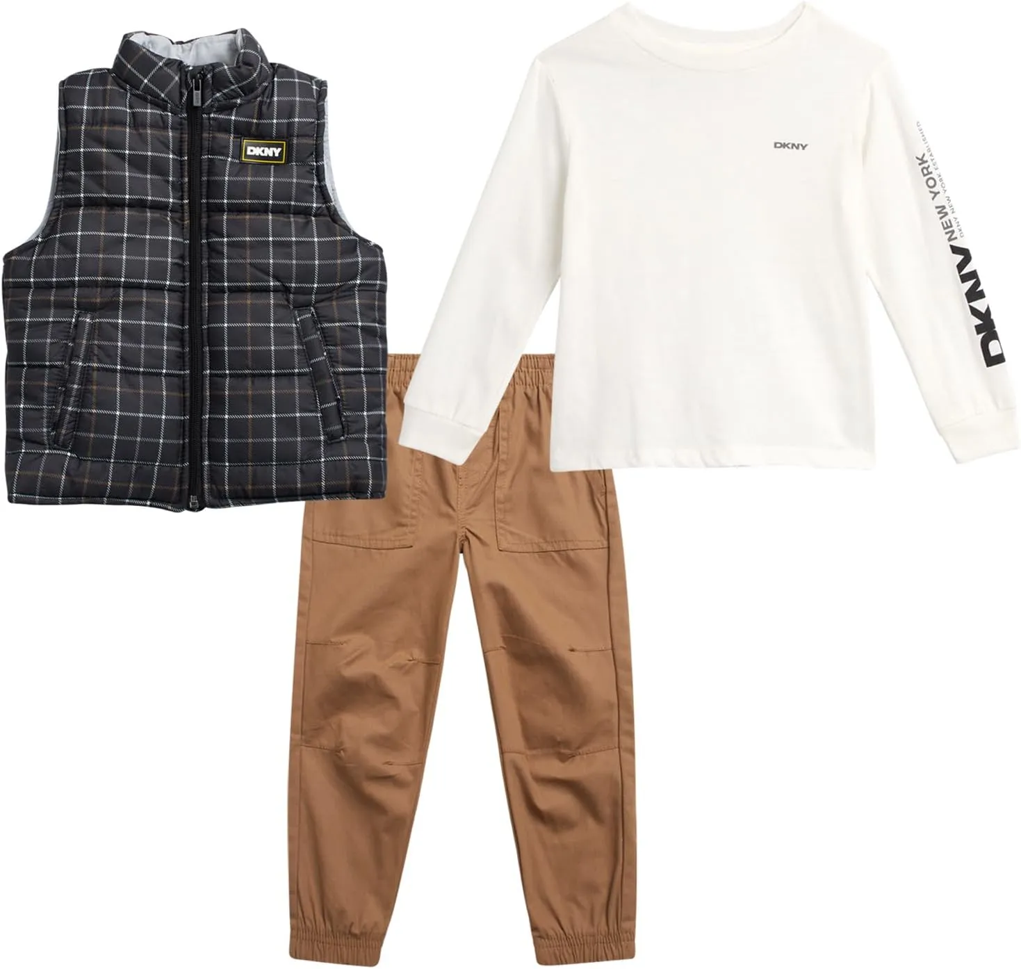 DKNY Baby Boys' Pants Set - 3 Piece Insulated Puffer Vest, Long Sleeve Shirts and Pants for Boys (Infant Sizes: 12M-4T)