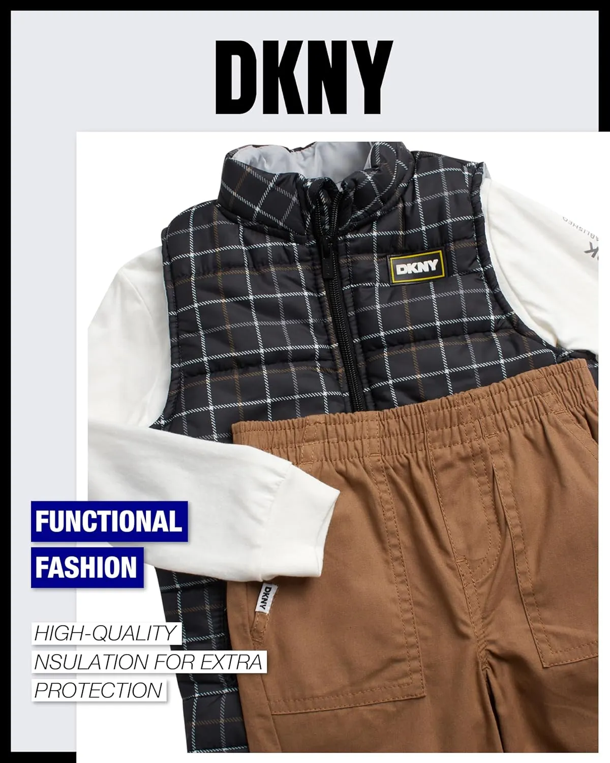 DKNY Baby Boys' Pants Set - 3 Piece Insulated Puffer Vest, Long Sleeve Shirts and Pants for Boys (Infant Sizes: 12M-4T)