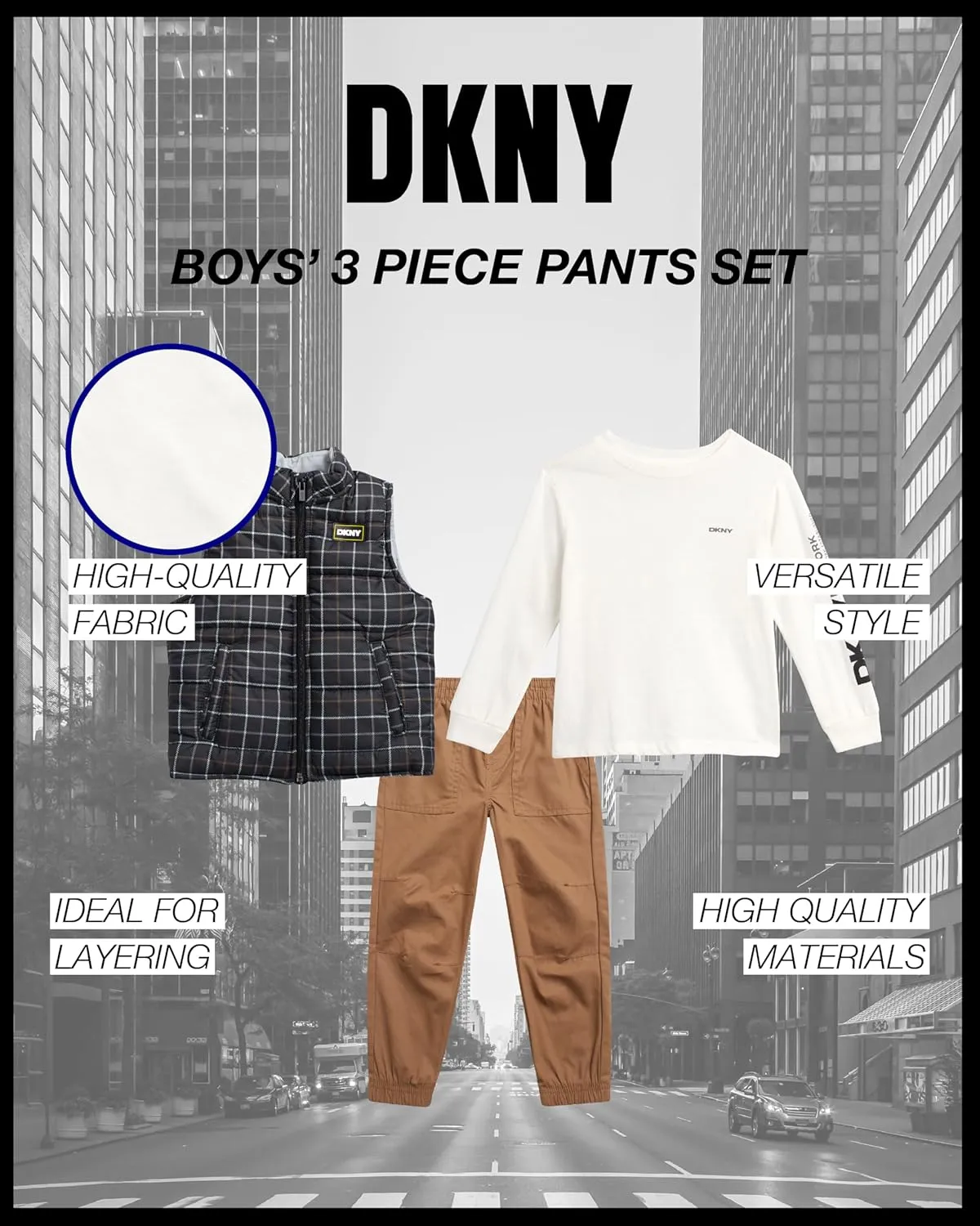 DKNY Baby Boys' Pants Set - 3 Piece Insulated Puffer Vest, Long Sleeve Shirts and Pants for Boys (Infant Sizes: 12M-4T)