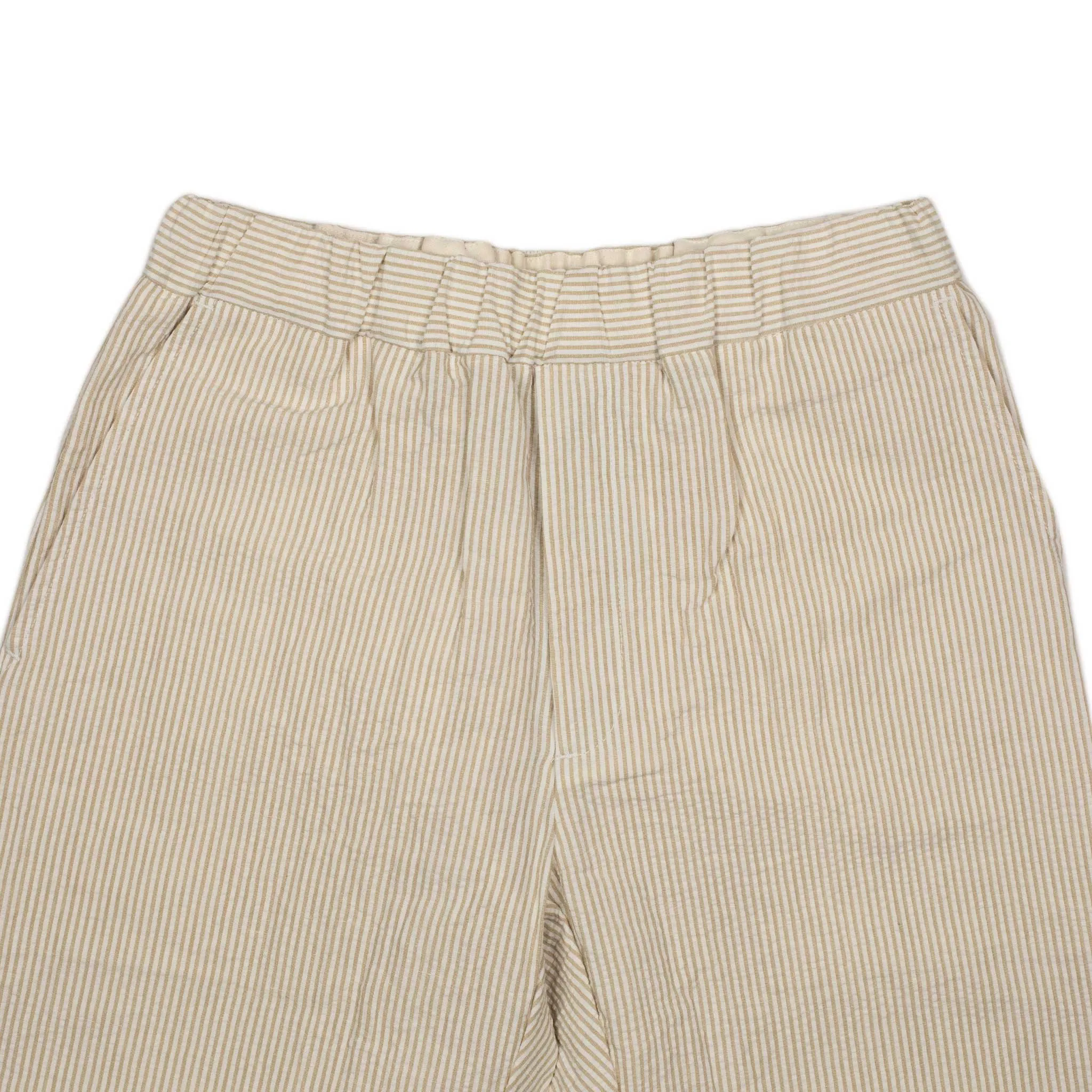Easy pants in beige and white striped cotton linen seersucker