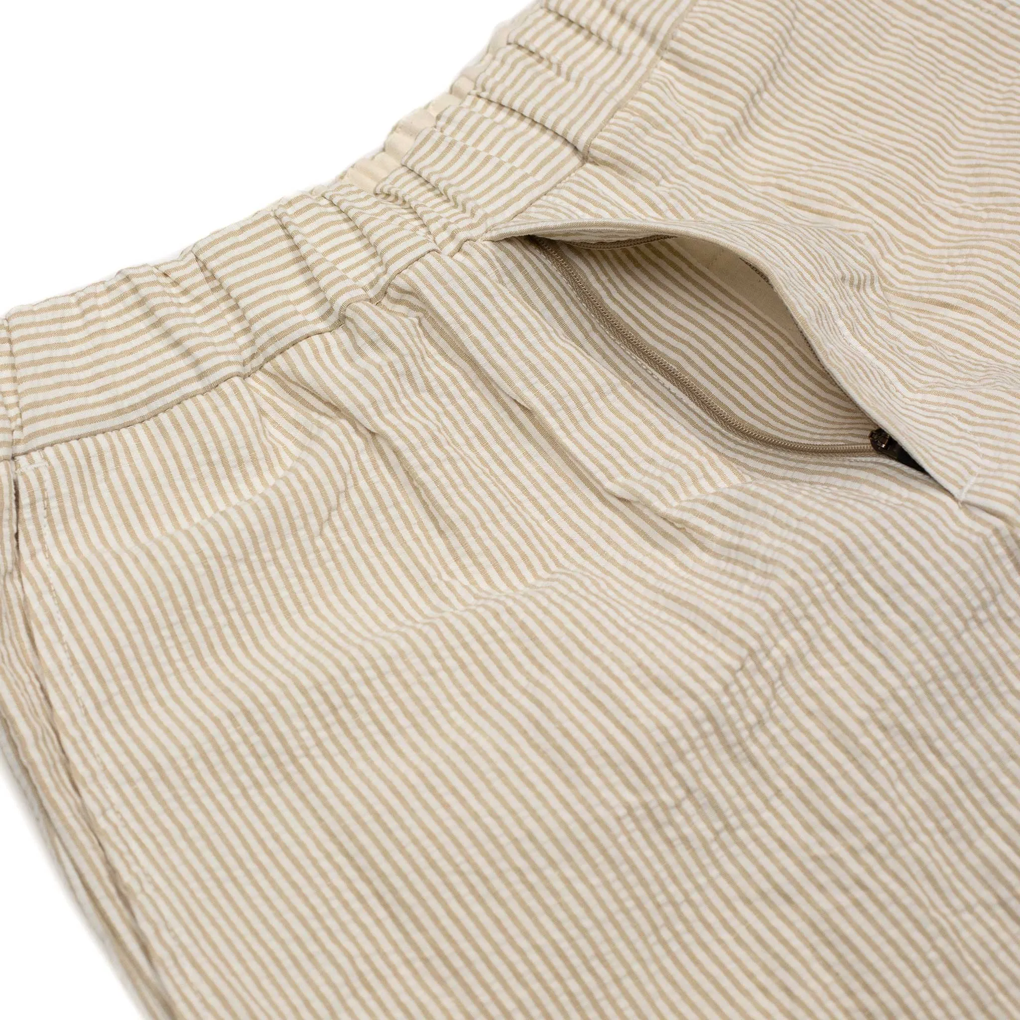 Easy pants in beige and white striped cotton linen seersucker
