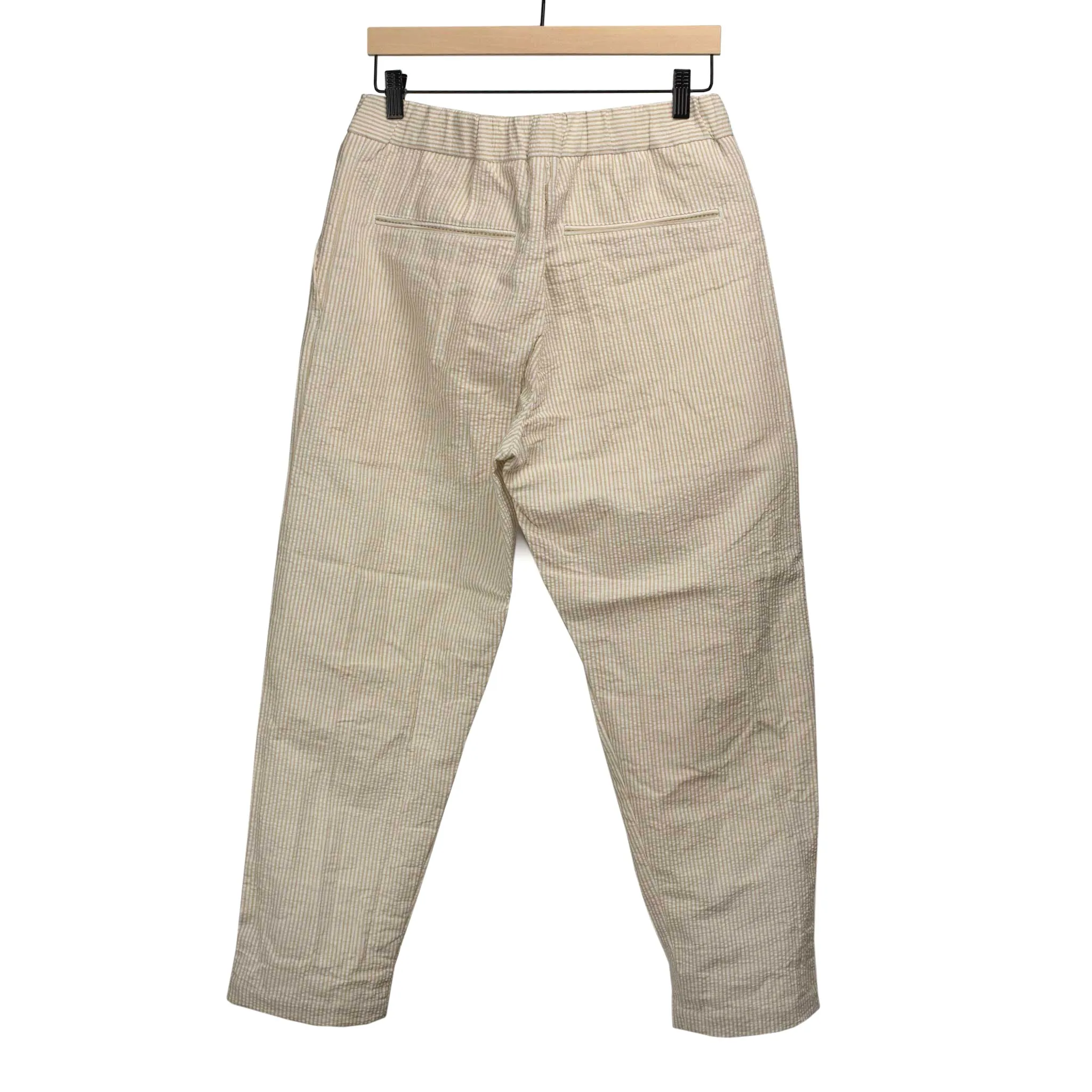 Easy pants in beige and white striped cotton linen seersucker