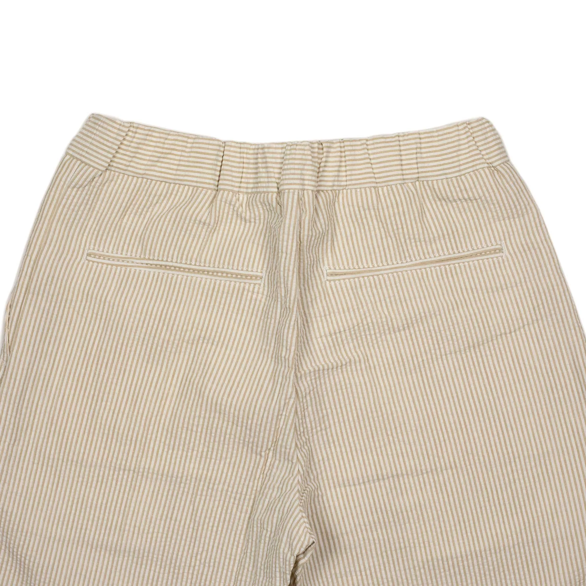 Easy pants in beige and white striped cotton linen seersucker