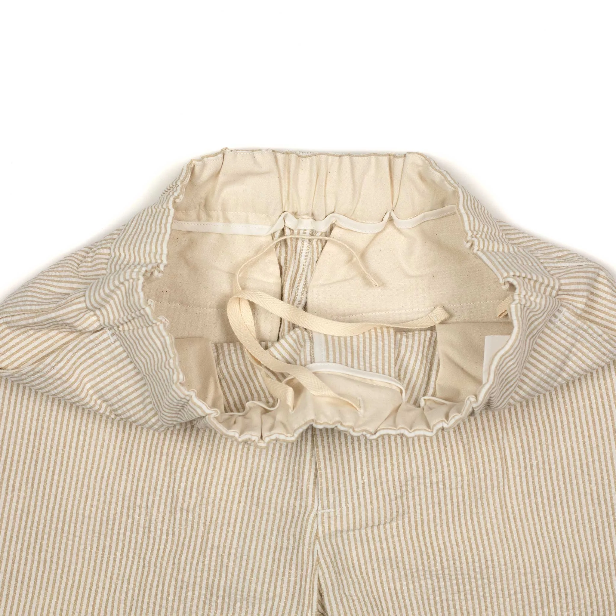 Easy pants in beige and white striped cotton linen seersucker