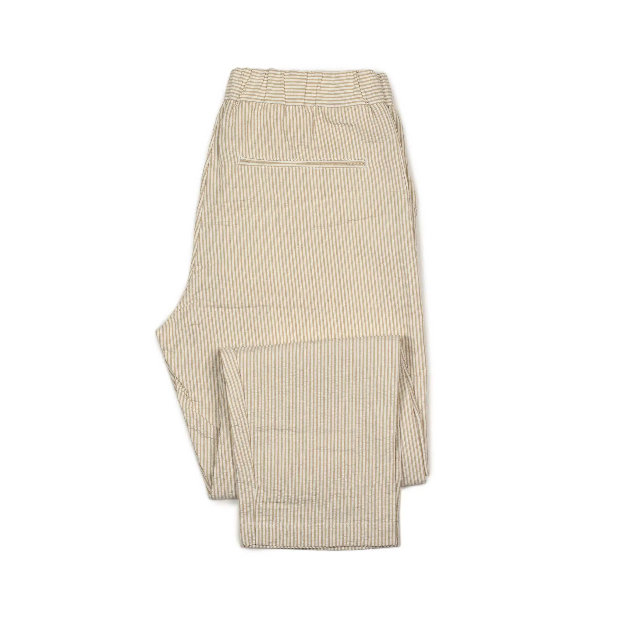 Easy pants in beige and white striped cotton linen seersucker