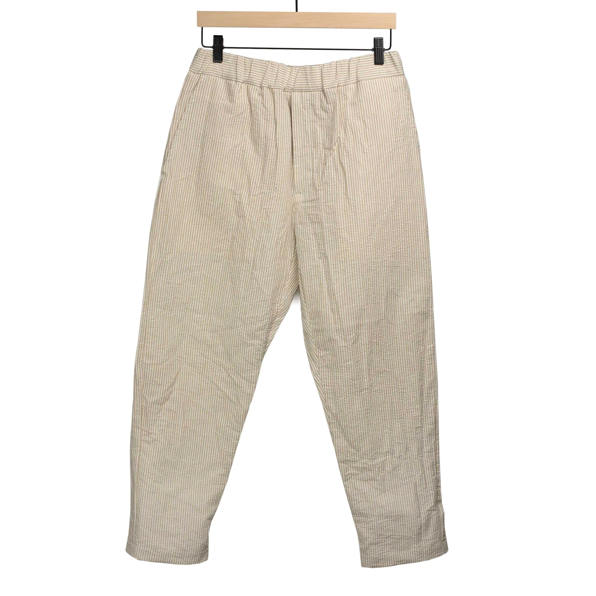 Easy pants in beige and white striped cotton linen seersucker