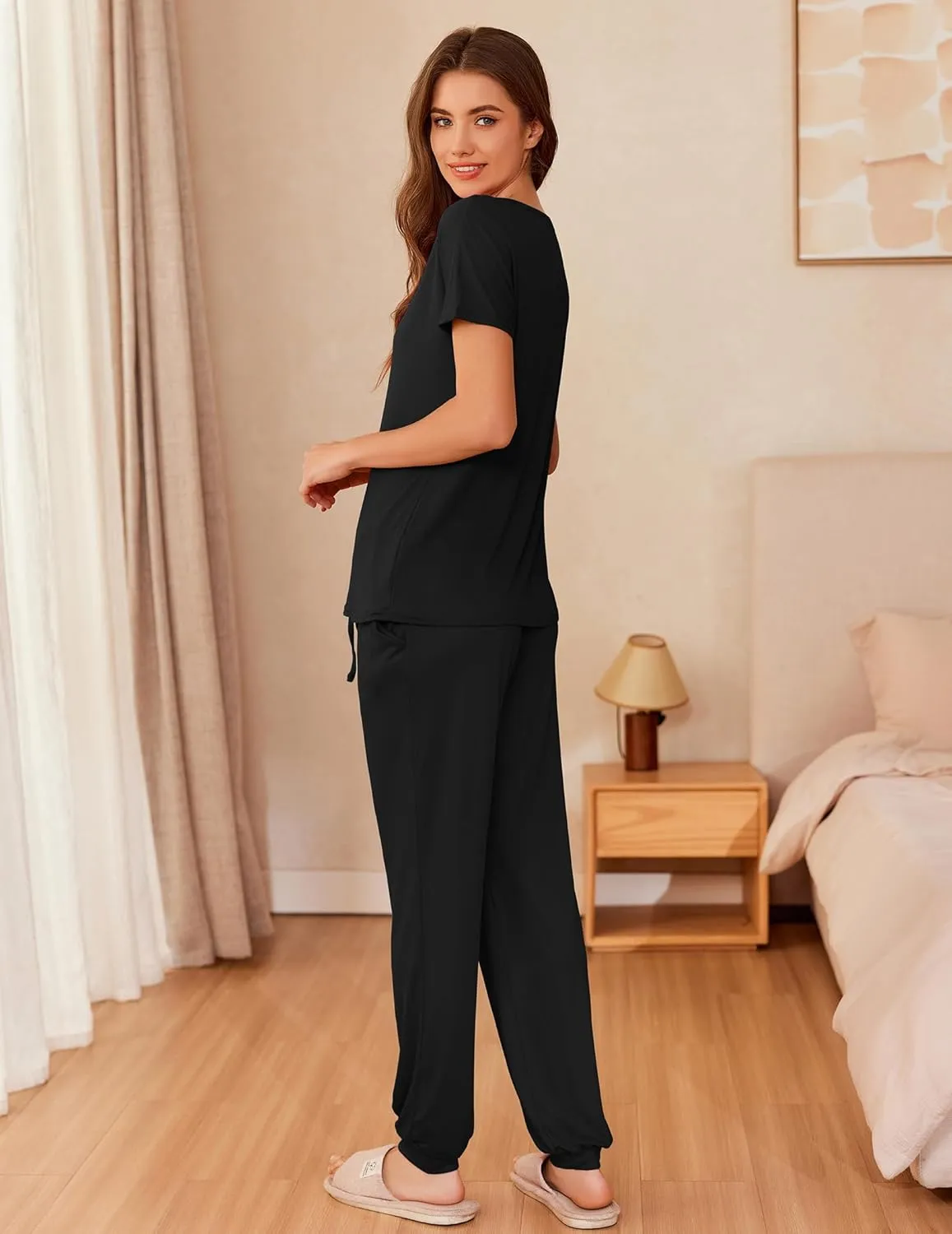 Ekouaer Womens Pajama Sets Short Sleeve Lounge Sets for Women Printed Jogger Pajama Set 2 Piece Pj Sets With Pockets S-XXL
