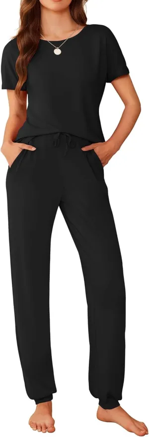 Ekouaer Womens Pajama Sets Short Sleeve Lounge Sets for Women Printed Jogger Pajama Set 2 Piece Pj Sets With Pockets S-XXL