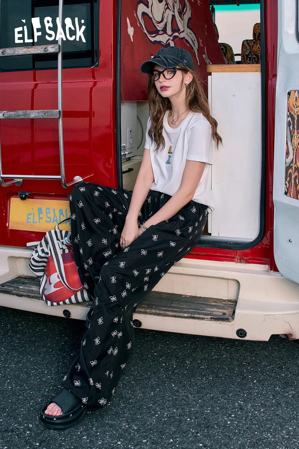 ELFSACK 2024 Summer New Arrivals Bow print black straight leg casual pants for women, thin pants
