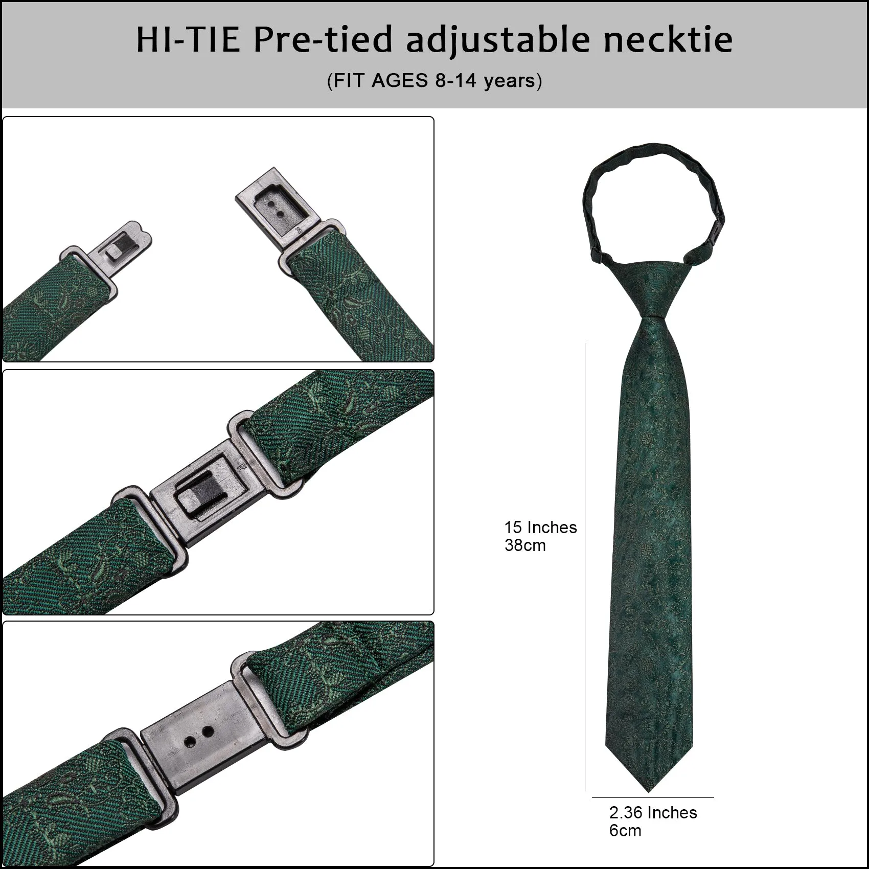 Emerald Green Floral Boys Pre-tied Adjustable Tie Pocket Square