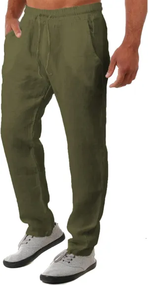 FANARCHER Mens Lightweight Cotton Linen Pants Casual Trousers Drawstring Yoga Beach Pants with Pockets