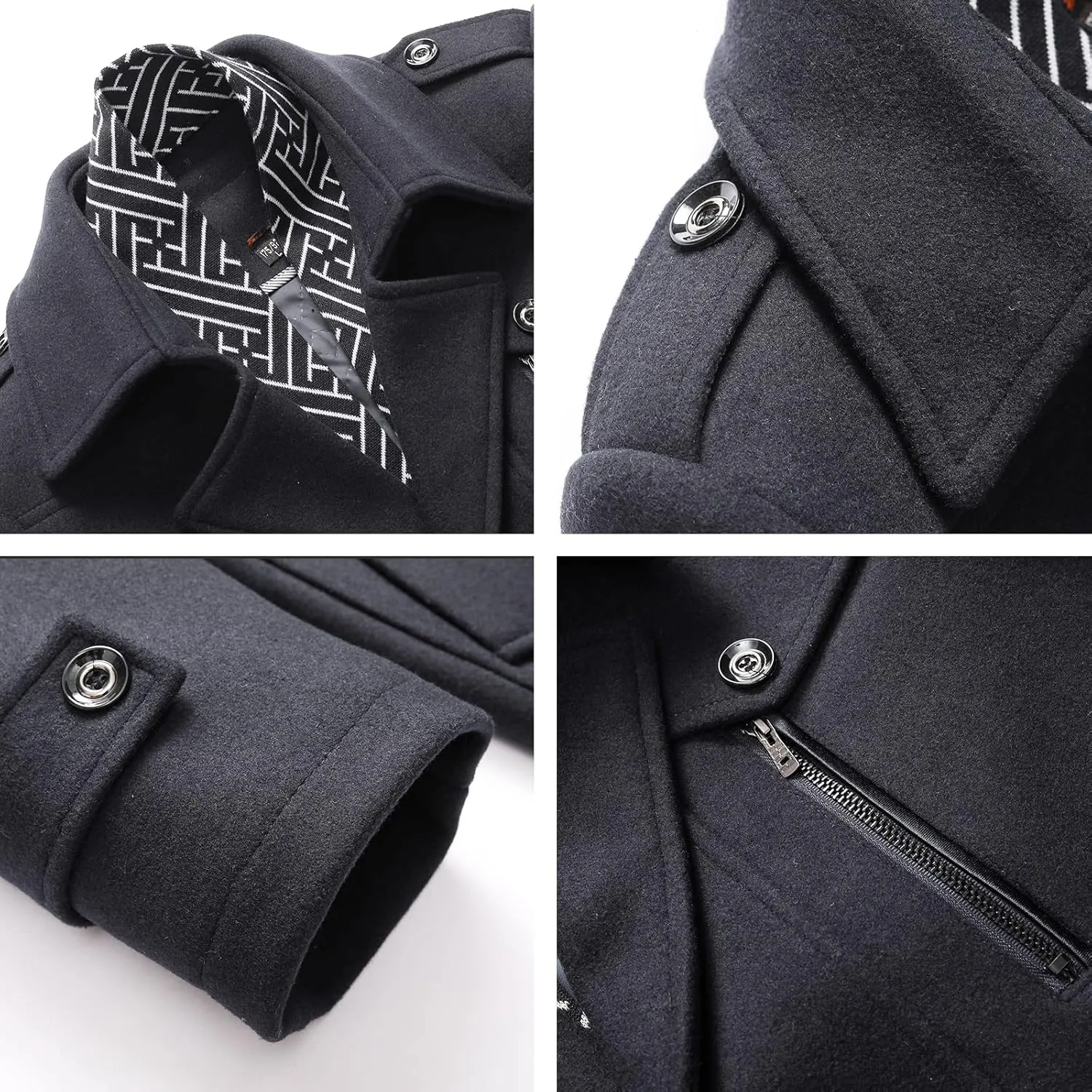 FTIMILD Men's Wool Blend Coat with Detachable Scarfs Notched Collar Single Breasted Pea Coa