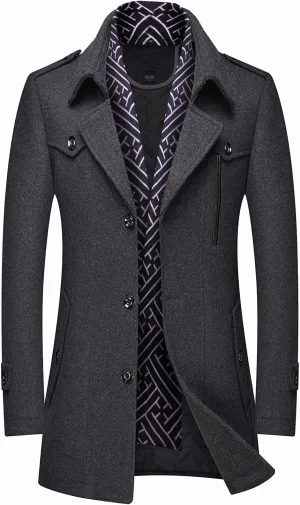 FTIMILD Men's Wool Blend Coat with Detachable Scarfs Notched Collar Single Breasted Pea Coa