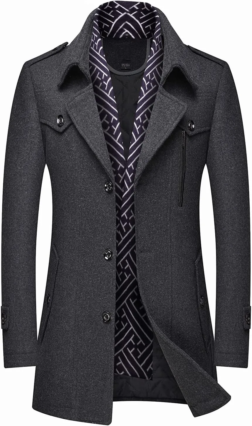 FTIMILD Men's Wool Blend Coat with Detachable Scarfs Notched Collar Single Breasted Pea Coa