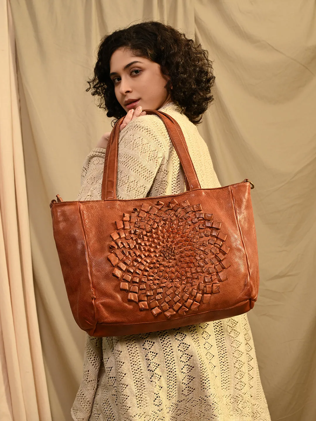 Glory: Art N Vintage Cognac Leather Tote Bag