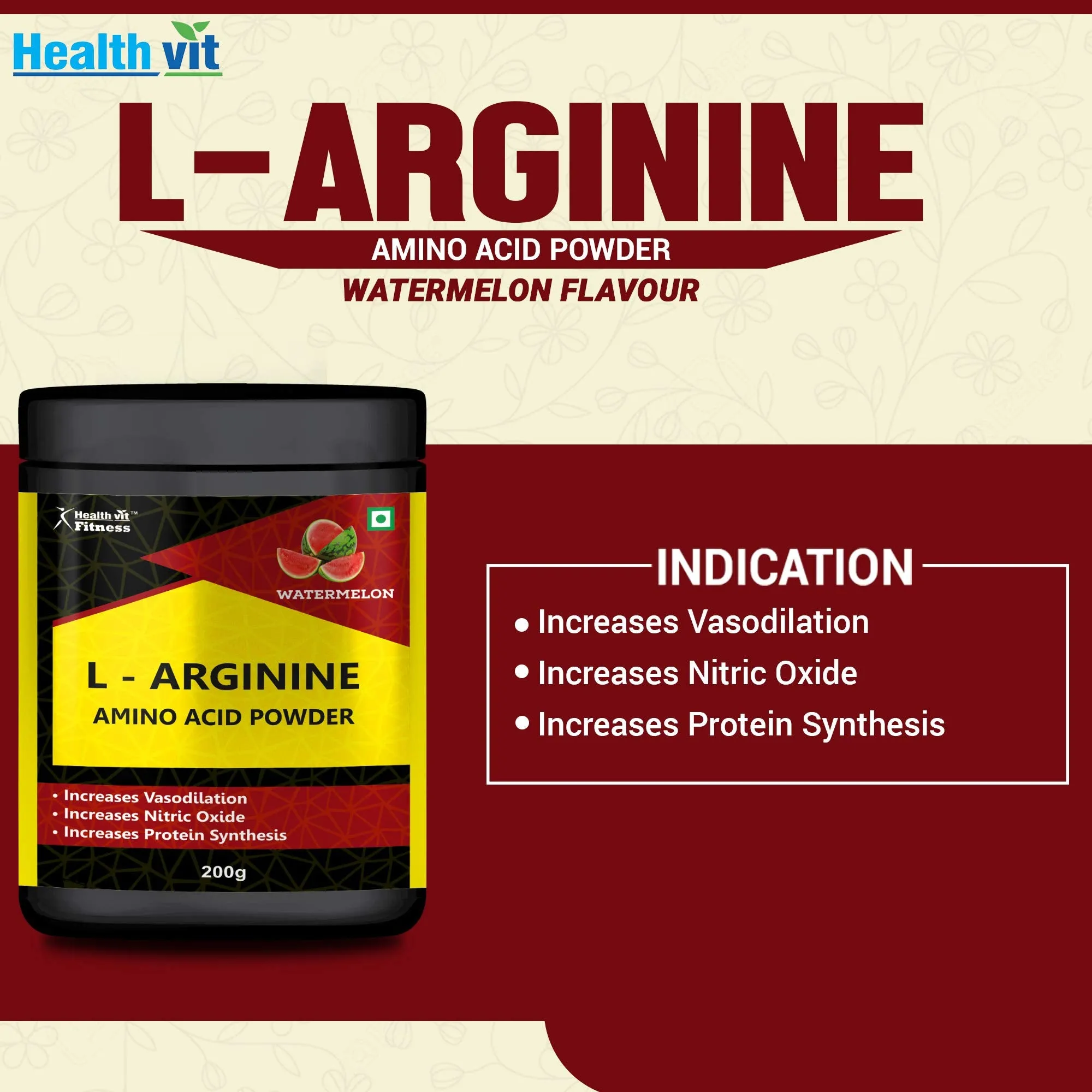Healthvit L-Arginine 3900 mg | Muscle Building Amino Acid | Build Strength & Endurance| Faster Recovery | Reduce Fatigue | Enhance Energy Levels | Pre Workout 200GM – Watermelon Flavour