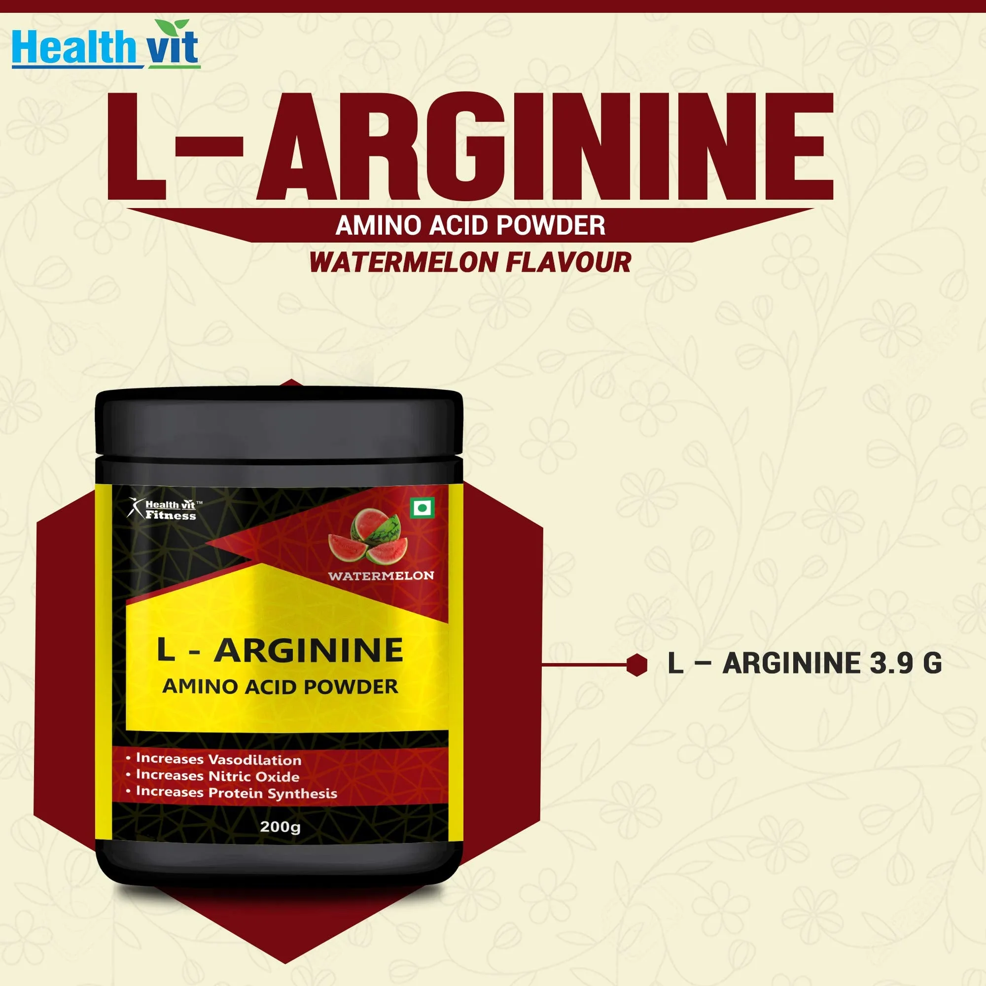 Healthvit L-Arginine 3900 mg | Muscle Building Amino Acid | Build Strength & Endurance| Faster Recovery | Reduce Fatigue | Enhance Energy Levels | Pre Workout 200GM – Watermelon Flavour