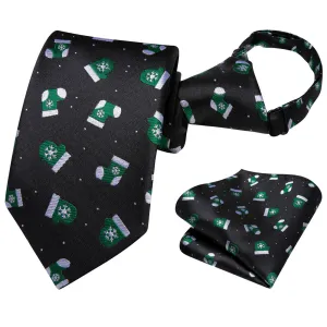 Hi-Tie Black Green Christmas Boys Pre-tied Adjustable Tie Pocket Square