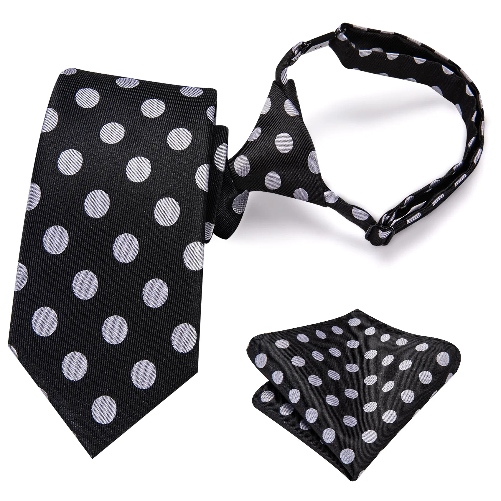 Hi-Tie Black White Polka Dot Boy Pre-tied Adjustable Tie Pocket Square