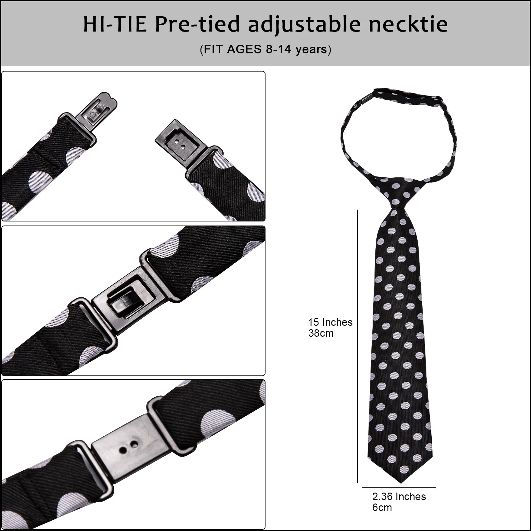 Hi-Tie Black White Polka Dot Boy Pre-tied Adjustable Tie Pocket Square