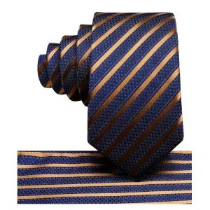 Hi-Tie Blue Gold Striped Children's Kids Boys Tie Pocket Square 6cm