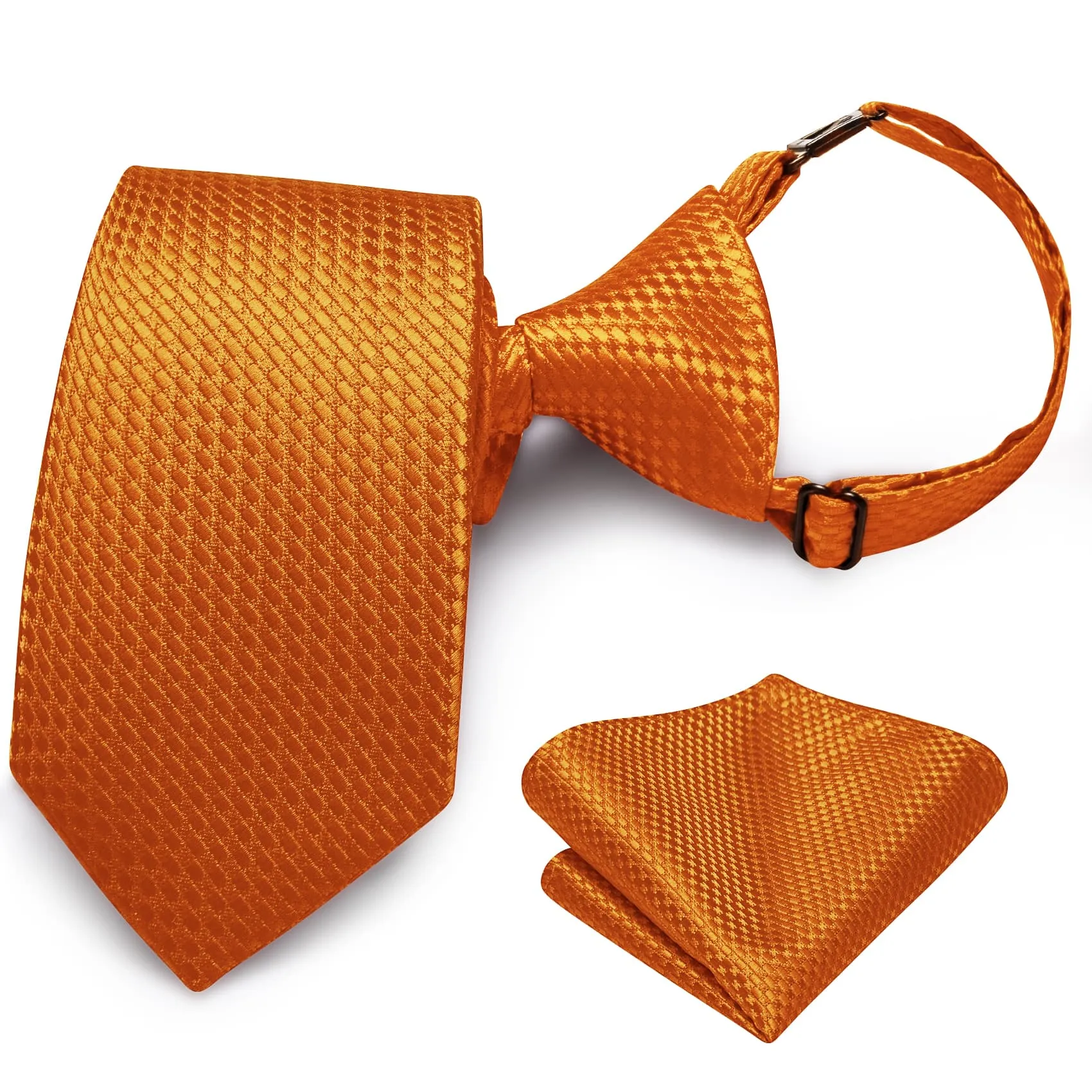 Hi-Tie Burnt Orange Plaid Boys Pre-tied Adjustable Tie Pocket Square
