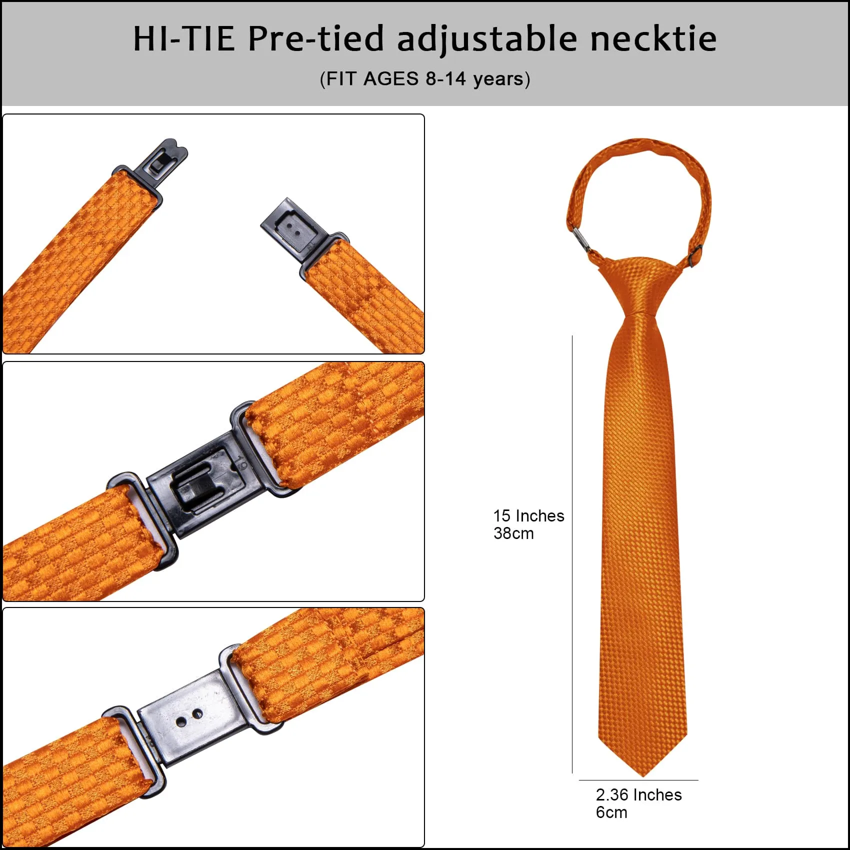 Hi-Tie Burnt Orange Plaid Boys Pre-tied Adjustable Tie Pocket Square
