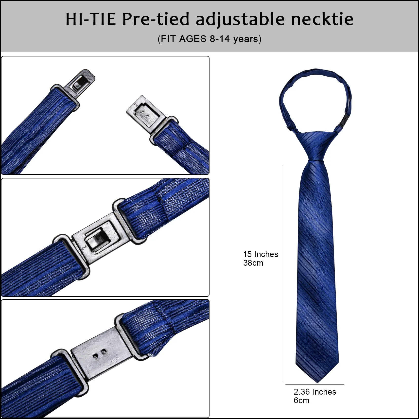 Hi-Tie Dark Slate Blue Boys Necktie Pre-tied Adjustable Tie HankySet