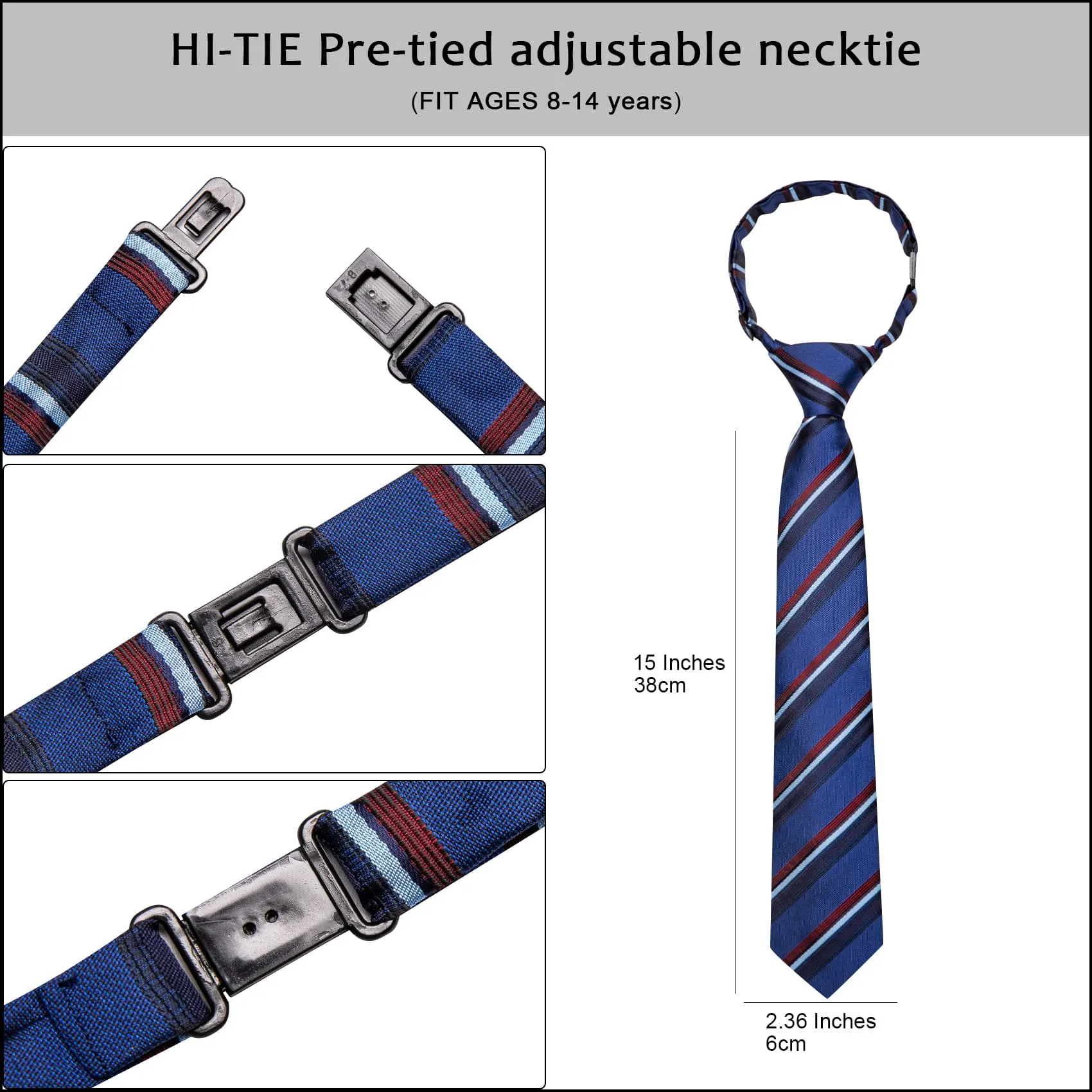 Hi-Tie Royal Blue Boys Necktie Red Stripes Adjustable Tie Hanky Set