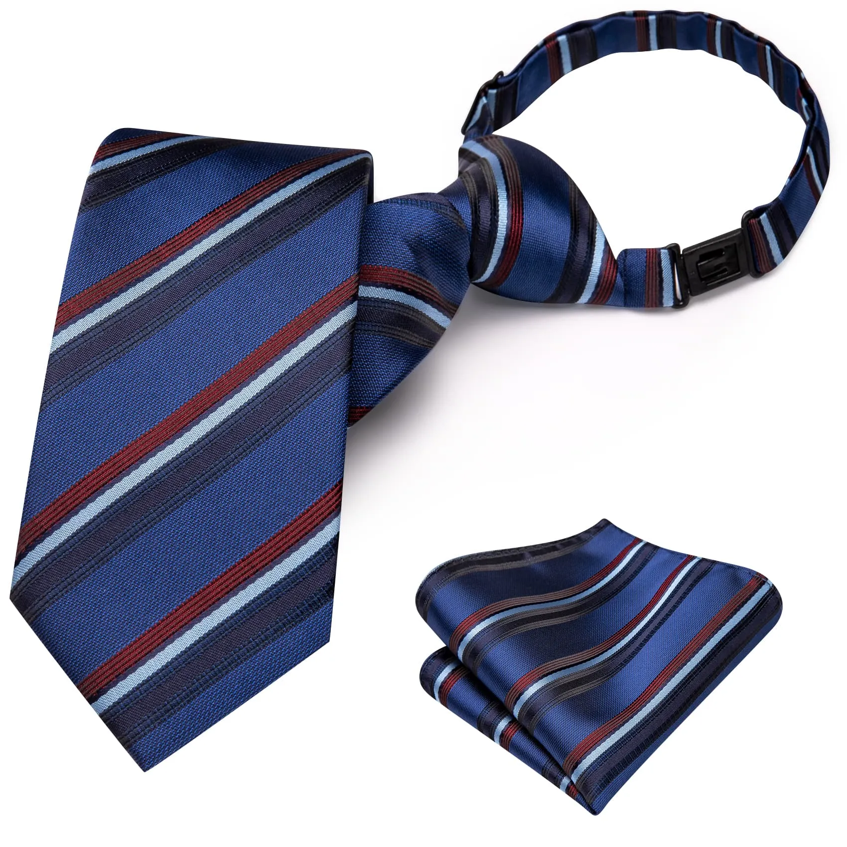 Hi-Tie Royal Blue Boys Necktie Red Stripes Adjustable Tie Hanky Set